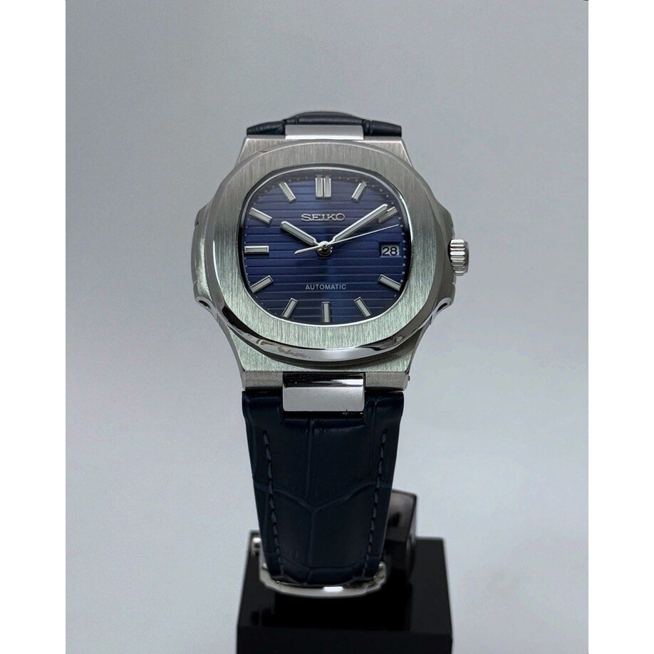 Custom Seiko Mod • Blue Nautilus on Premium Leather Strap • 40mm